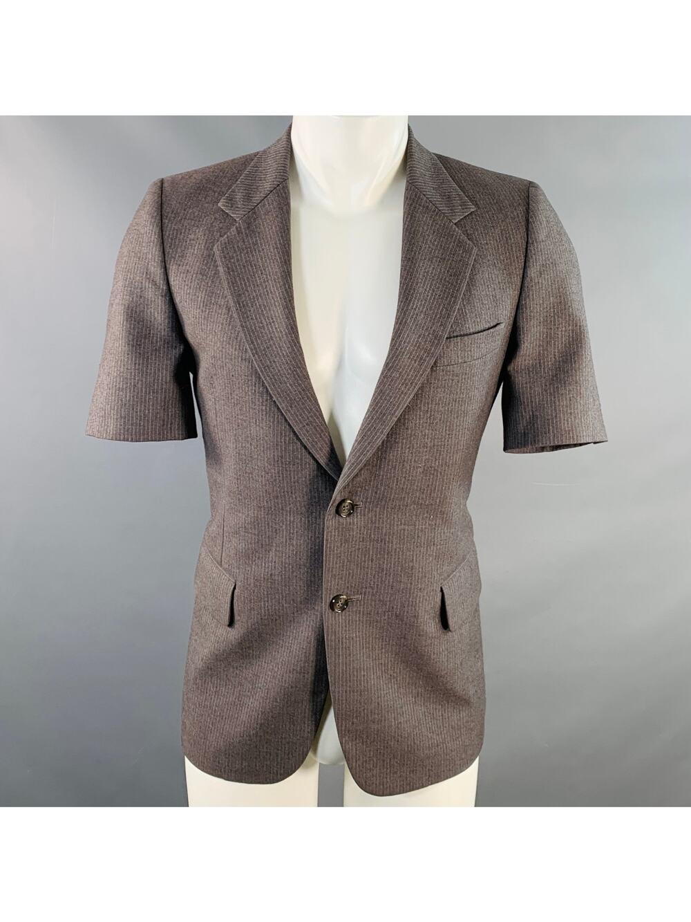 NO BRAND Size 38 Grey White Pinstripe Wool Notch Lapel Blazer Short Sleeve Shirt